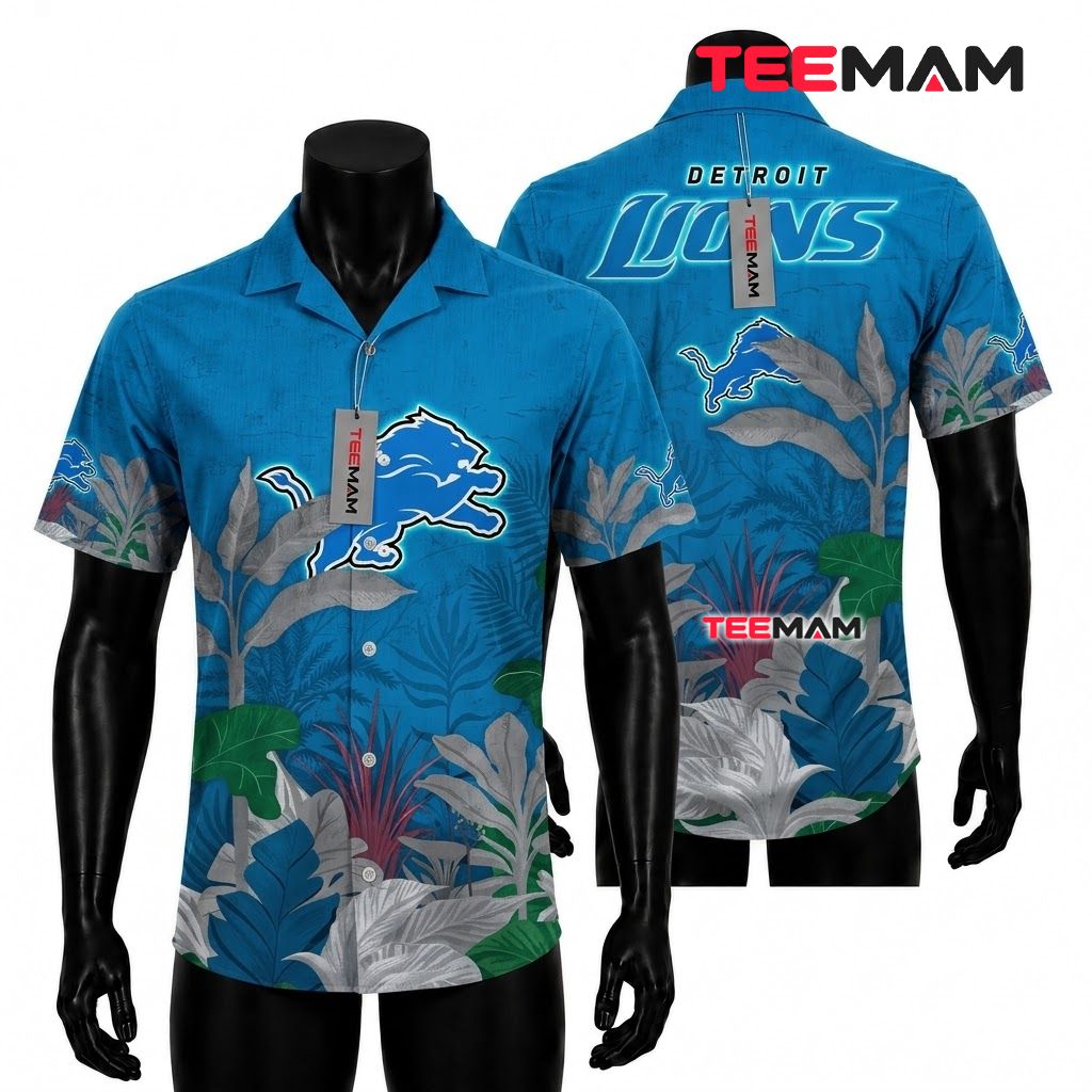 Detroit Lions Hawaiian Shirt Botanical Gray Front