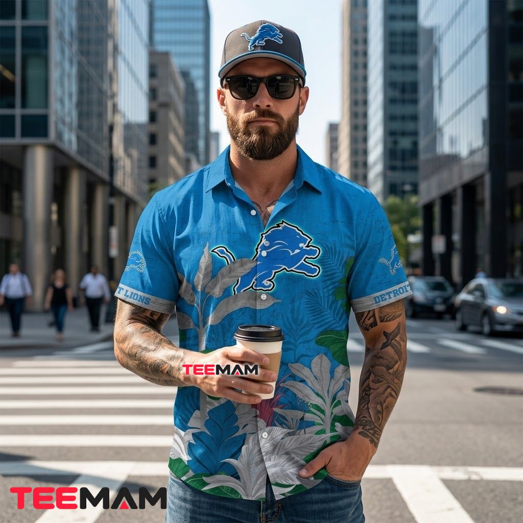Detroit Lions Hawaiian Shirt Botanical Gray Back Detroit Lions Hawaiian Shirt Botanical Gray Back