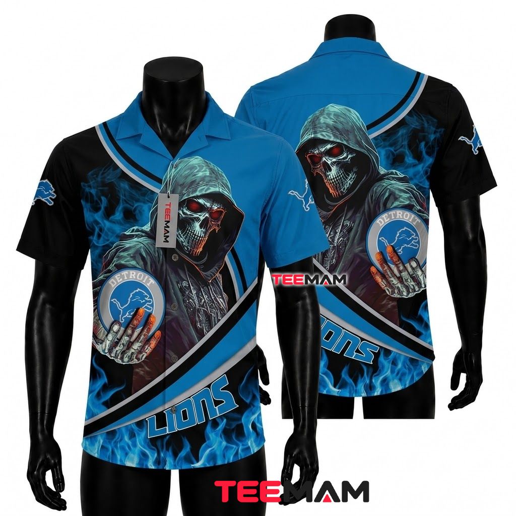 Detroit Lions Hawaiian Shirt Custom Grim Reaper Front