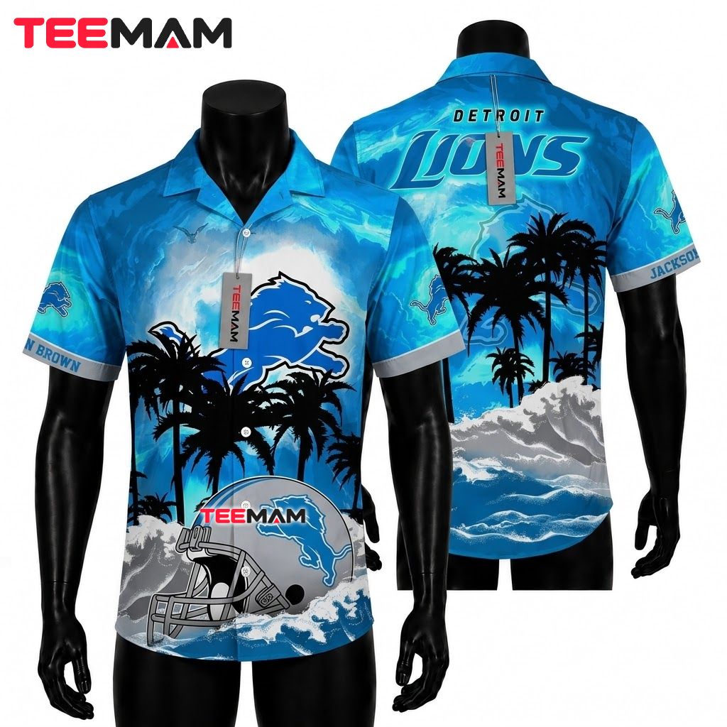 Detroit Lions Hawaiian Shirt Custom Helmet Wave Front