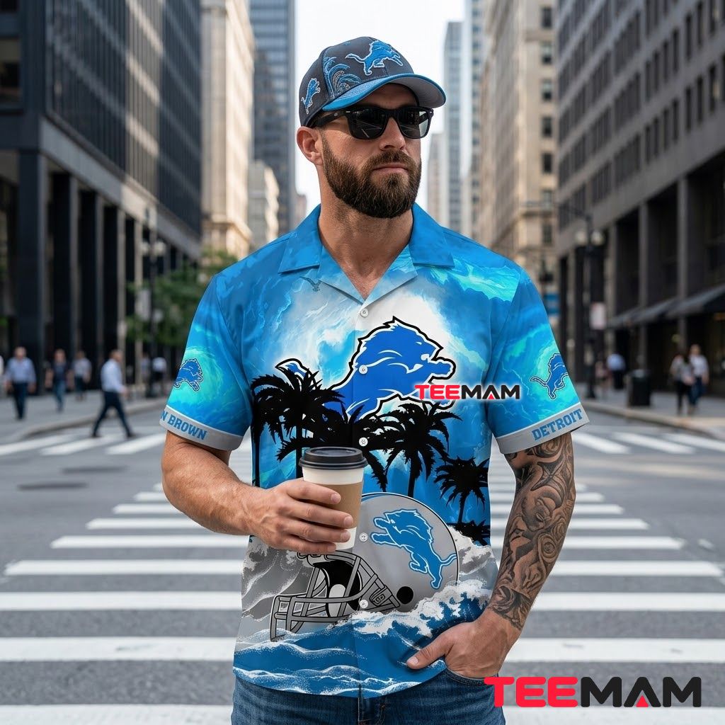 Detroit Lions Hawaiian Shirt Custom Helmet Wave Back Detroit Lions Hawaiian Shirt Custom Helmet Wave Back