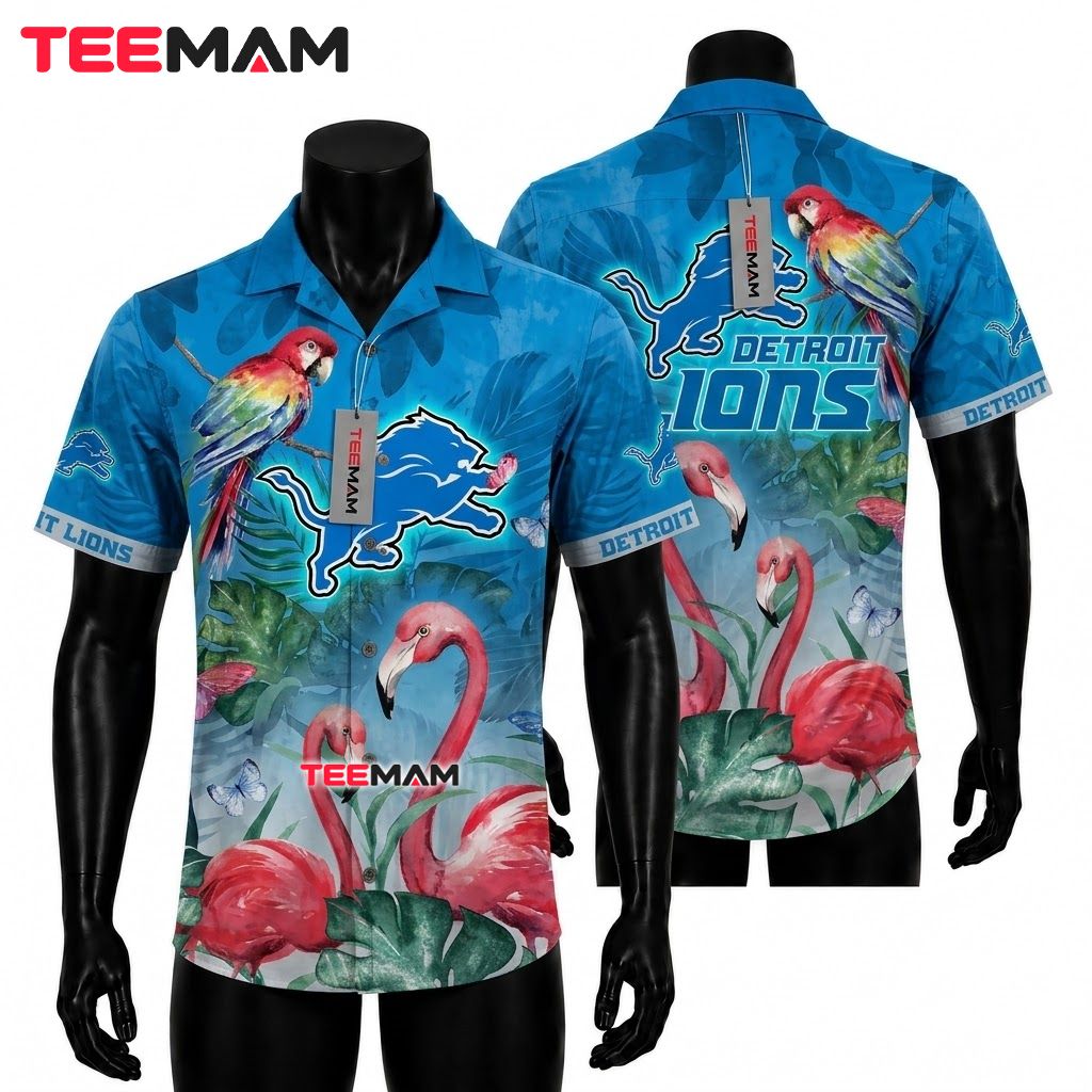 Detroit Lions Hawaiian Shirt Flamingo Parrot Front
