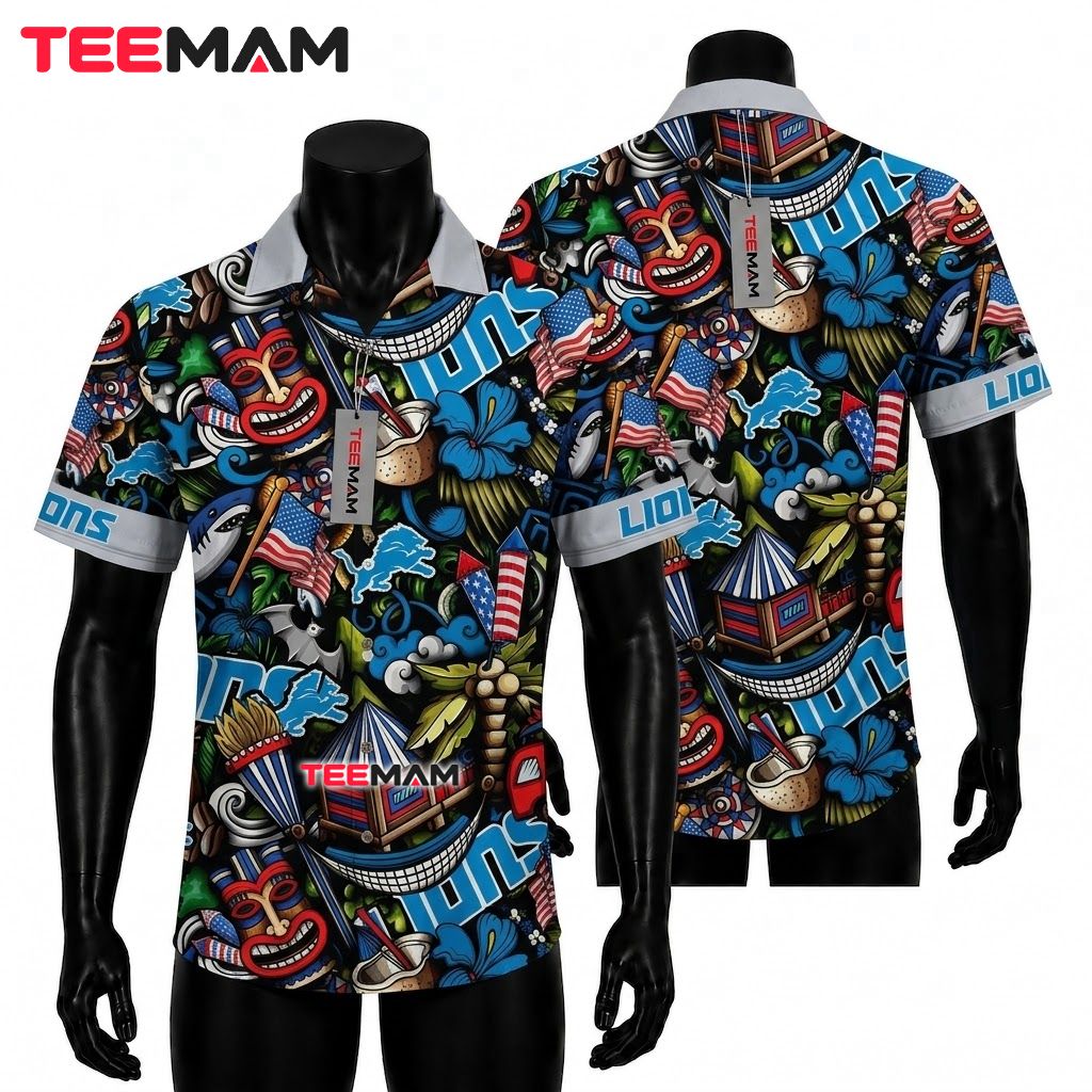 Detroit Lions Hawaiian Shirt Patriotic Tiki Front