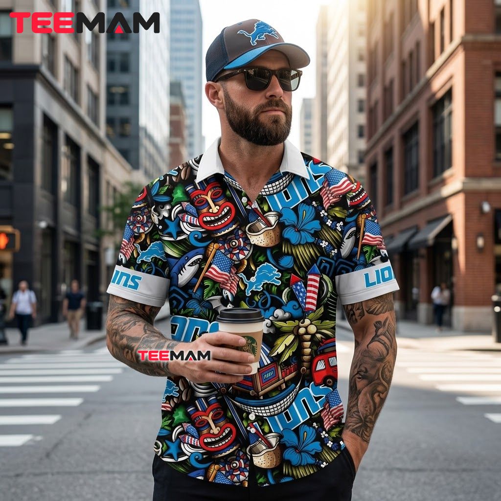 Detroit Lions Hawaiian Shirt Patriotic Tiki Back Detroit Lions Hawaiian Shirt Patriotic Tiki Back