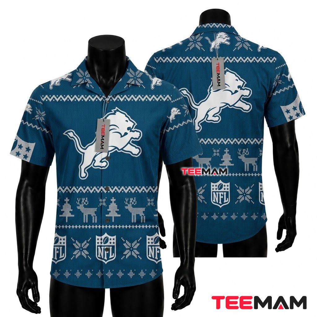Detroit Lions Hawaiian Shirt Reindeer Pattern Logo Front