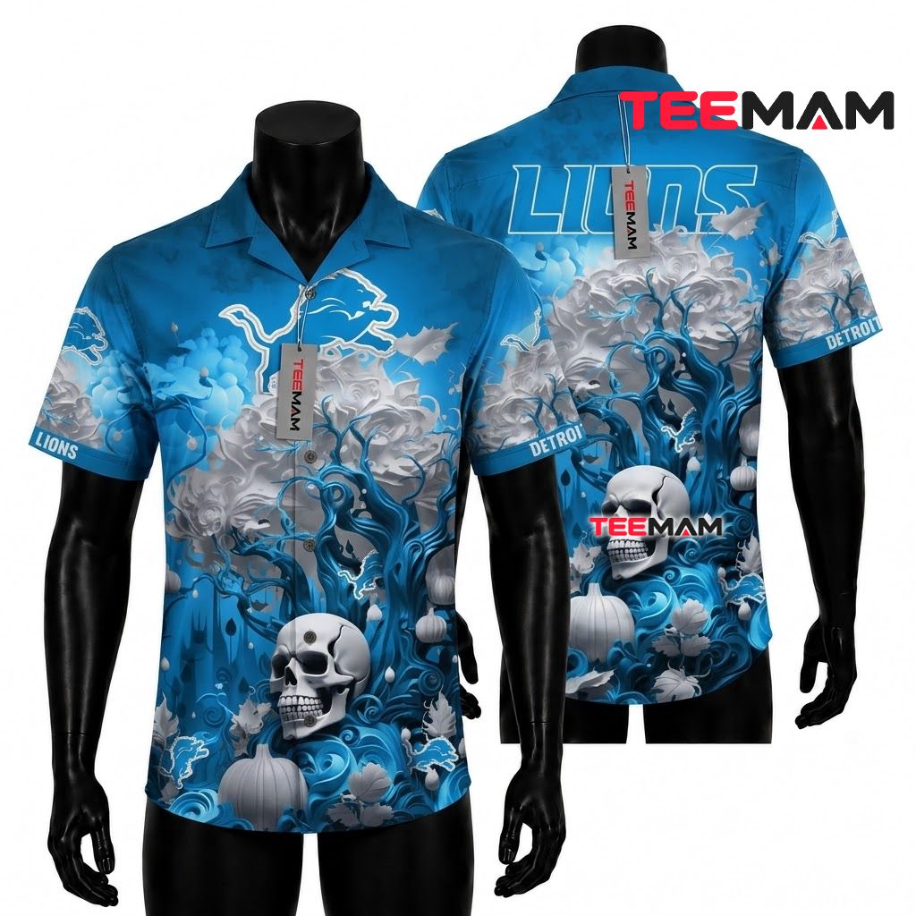 Detroit Lions Hawaiian Shirt Skull Pumpkin Front