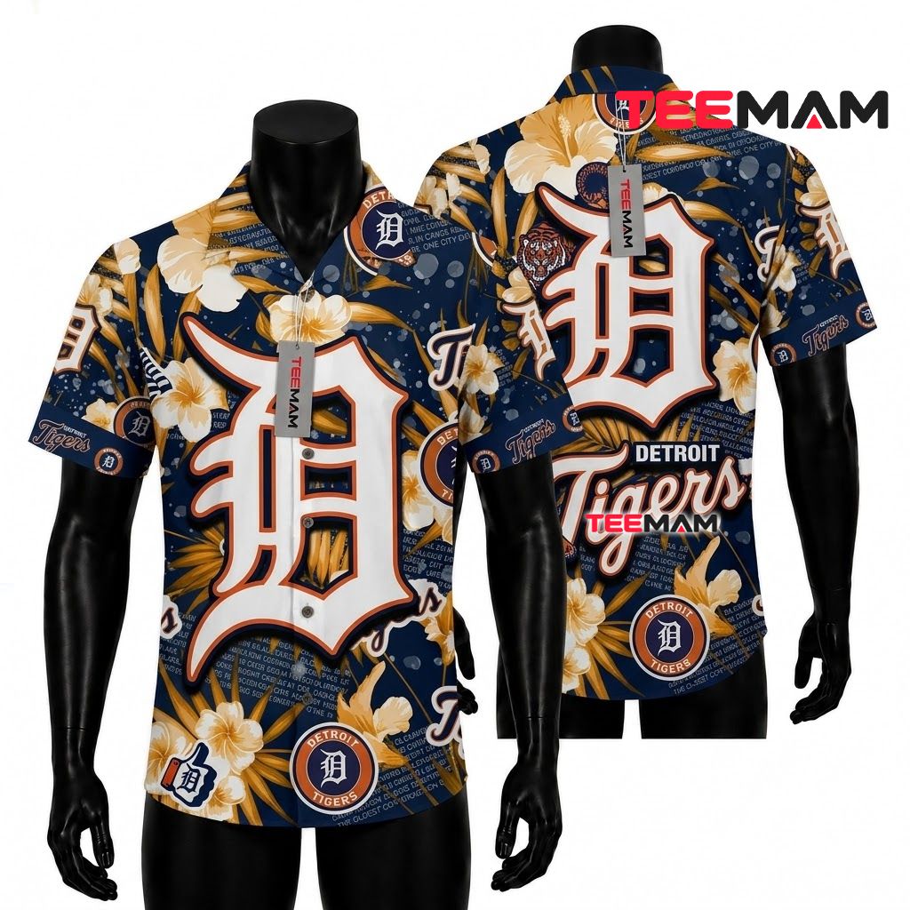 Detroit Tigers Aloha Shirt Golden Hibiscus Front