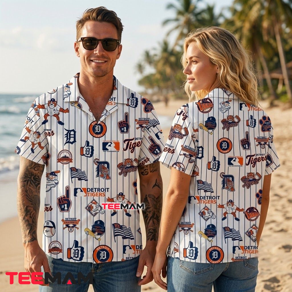 Detroit Tigers Button Up Shirt Mascot Pinstripe Back Detroit Tigers Button Up Shirt Mascot Pinstripe Back