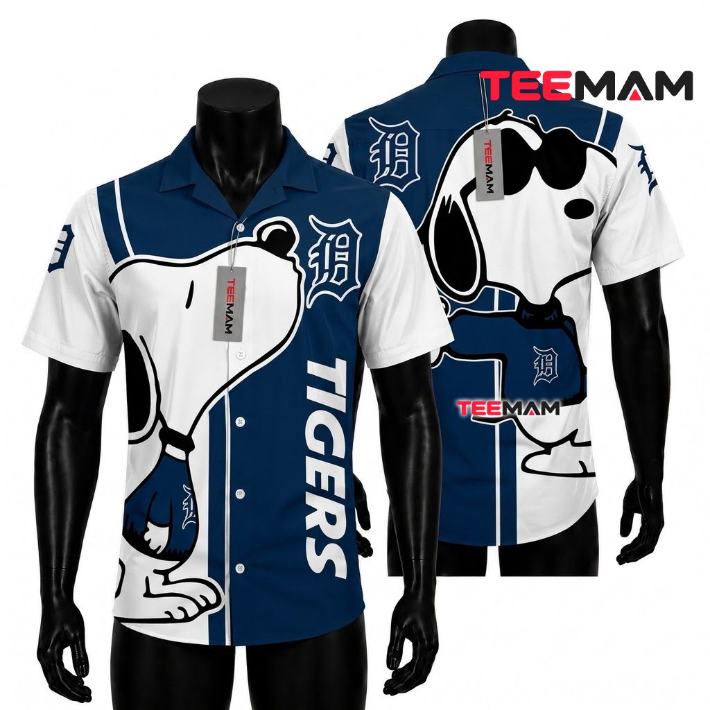 Detroit Tigers Button Up Shirt Snoopy Baseball Front