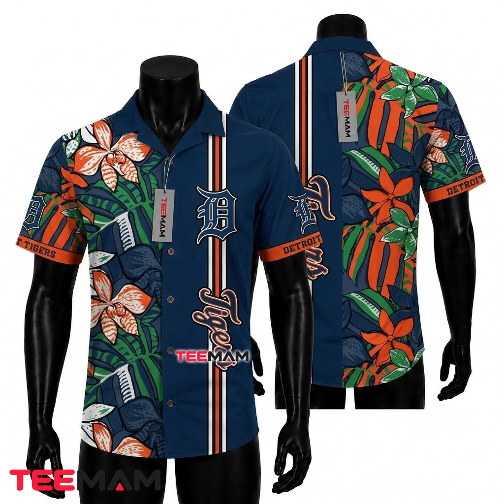 Detroit Tigers Hawaiian Shirt Floral Stripe Front
