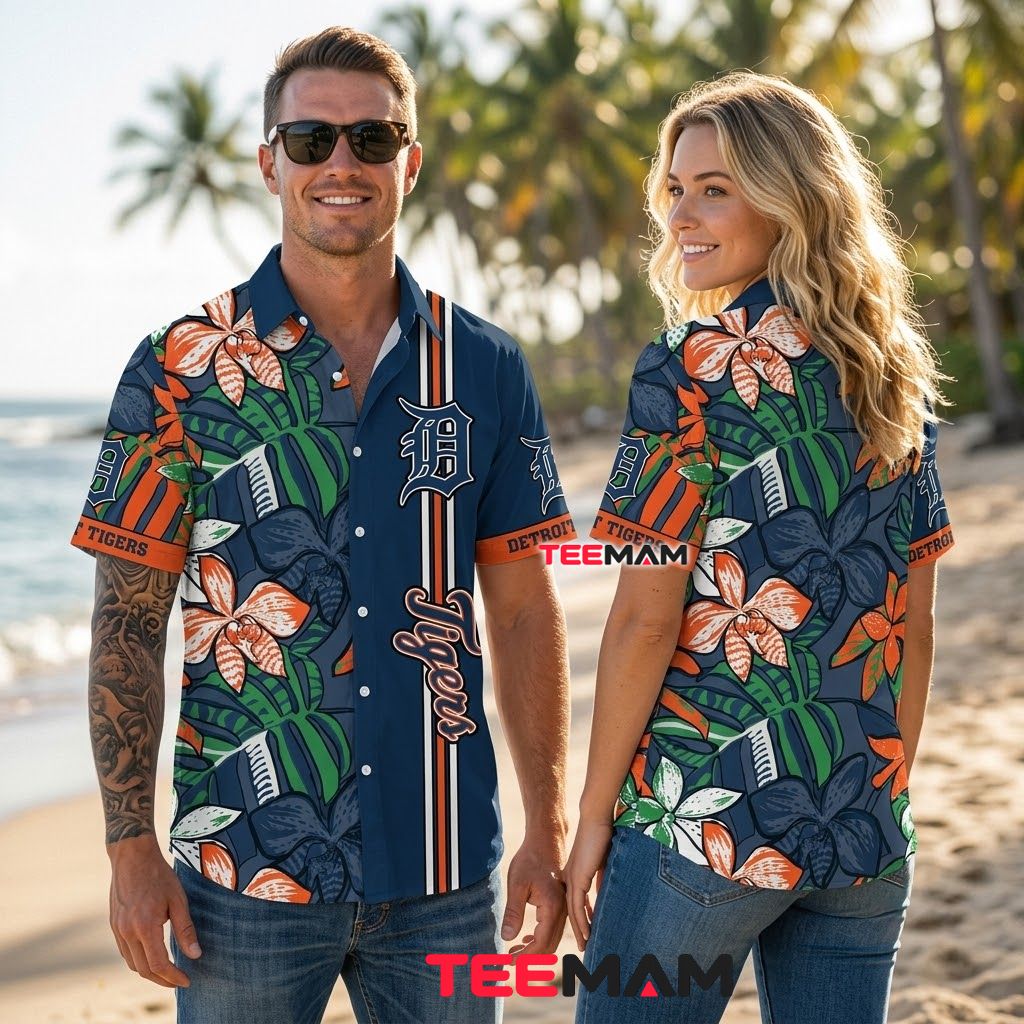 Detroit Tigers Hawaiian Shirt Floral Stripe Back Detroit Tigers Hawaiian Shirt Floral Stripe Back