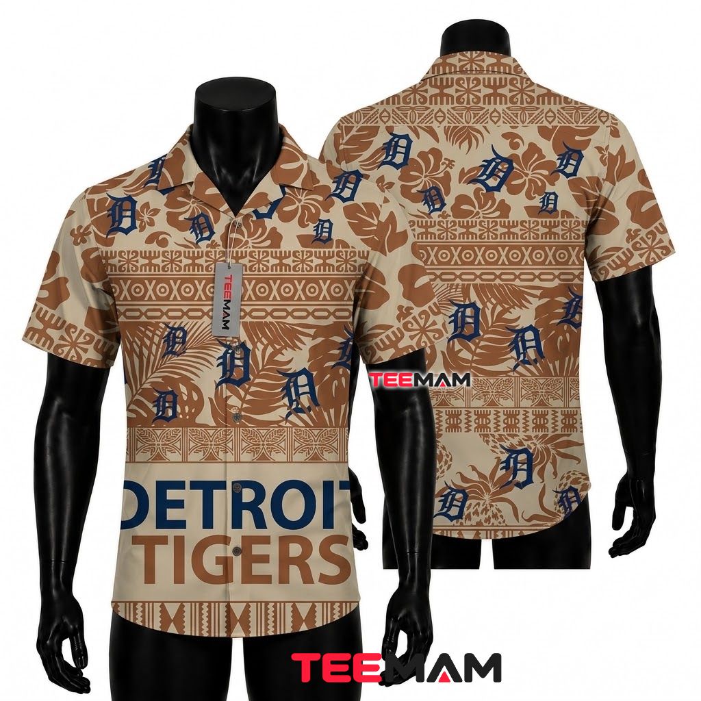 Detroit Tigers Hawaiian Shirt Tribal Tan Front