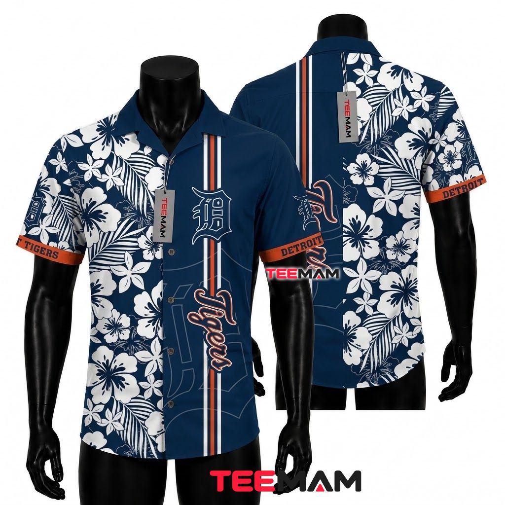 Detroit Tigers Hawaiian Shirt White Hibiscus Front