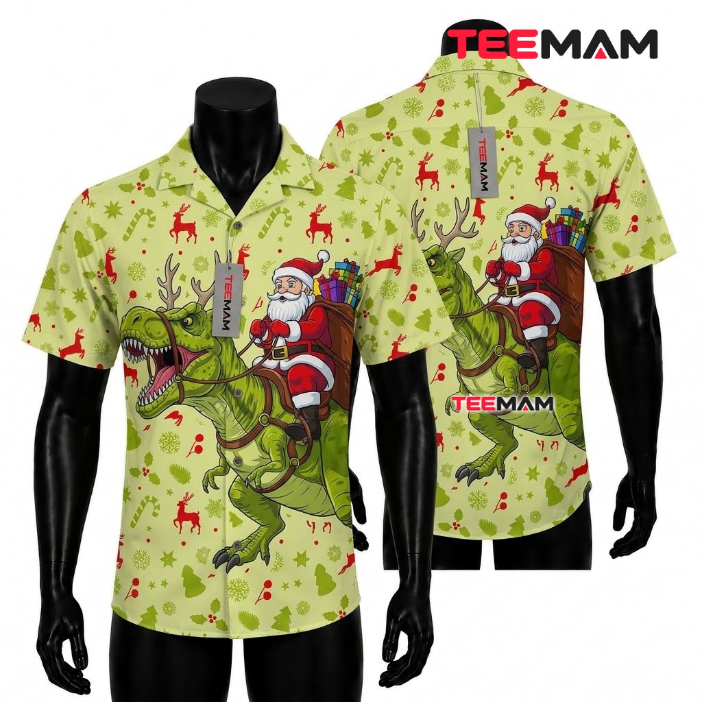 Dinosaur Christmas Hawaiian Shirt Santa Riding T-Rex Green Front
