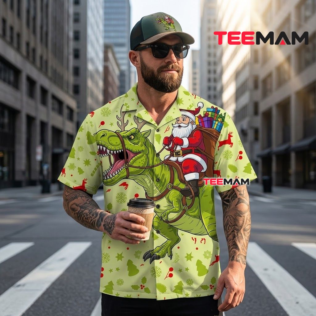 Dinosaur Christmas Hawaiian Shirt Santa Riding T-Rex Green Back Dinosaur Christmas Hawaiian Shirt Santa Riding T-Rex Green Back