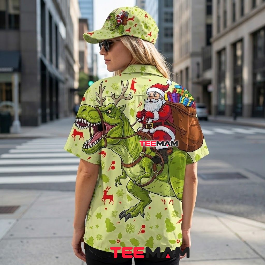 Dinosaur Christmas Hawaiian Shirt Santa Riding T-Rex Green Version 3 Dinosaur Christmas Hawaiian Shirt Santa Riding T-Rex Green Version 3