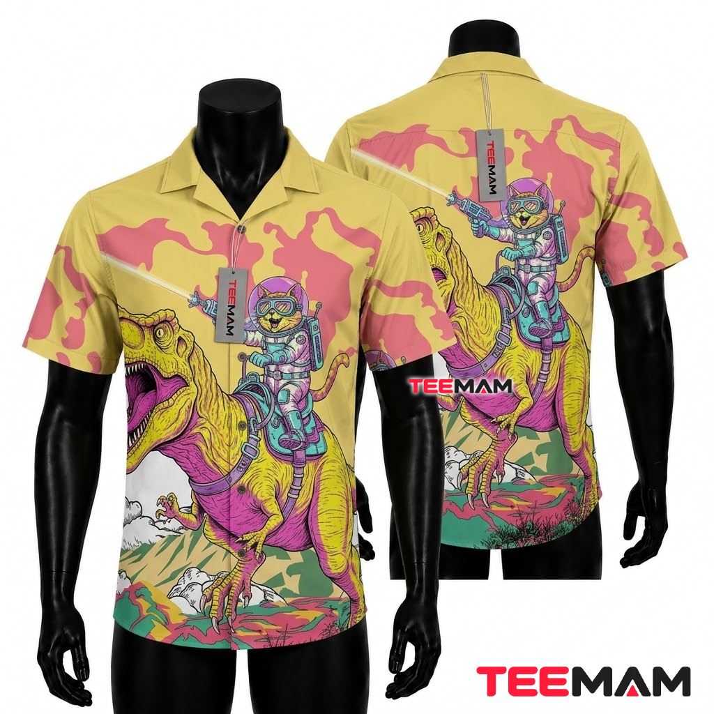 Dinosaur Hawaiian Shirt Cat Rider Yellow Front