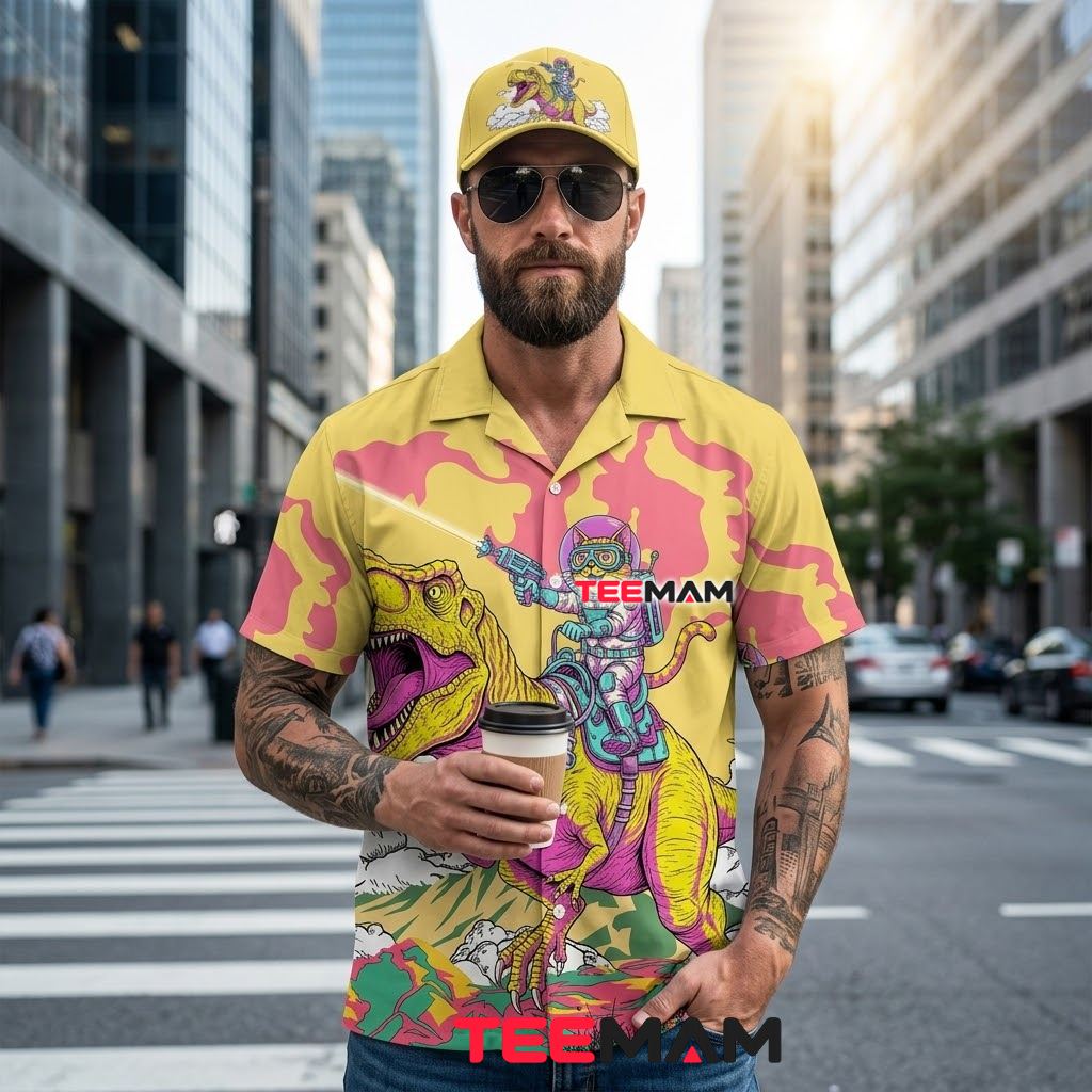 Dinosaur Hawaiian Shirt Cat Rider Yellow Back Dinosaur Hawaiian Shirt Cat Rider Yellow Back