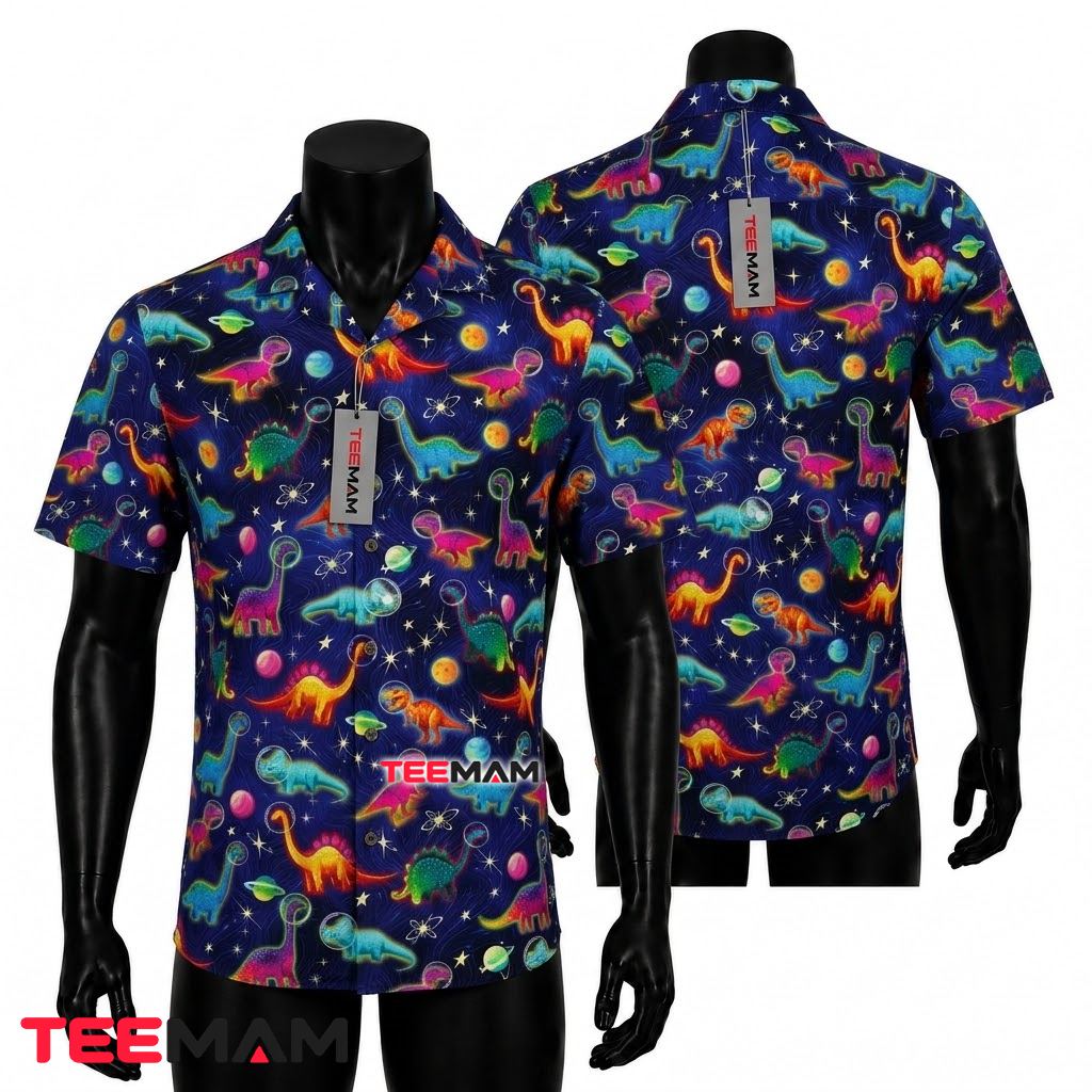 Dinosaur Hawaiian Shirt Cosmic Neon Cartoon Front