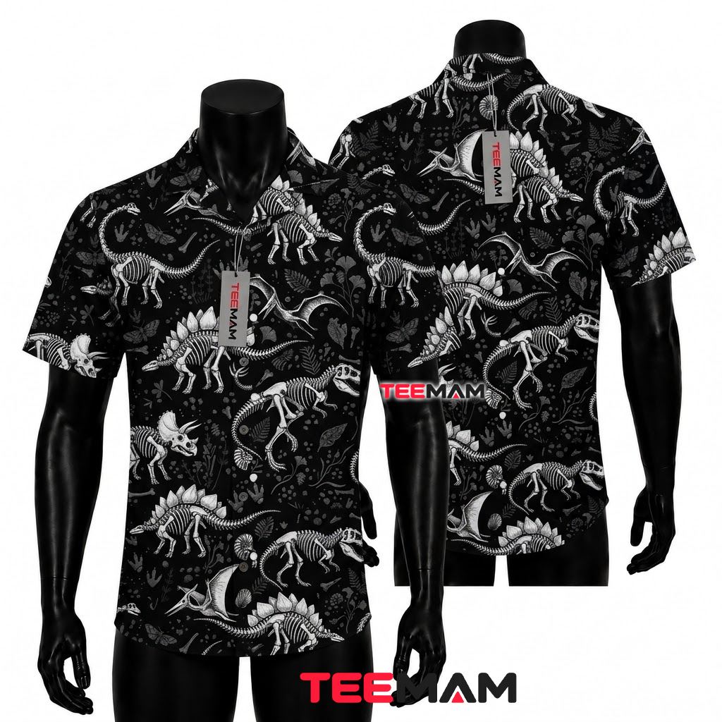 Dinosaur Hawaiian Shirt Fossil Skeleton Black Front