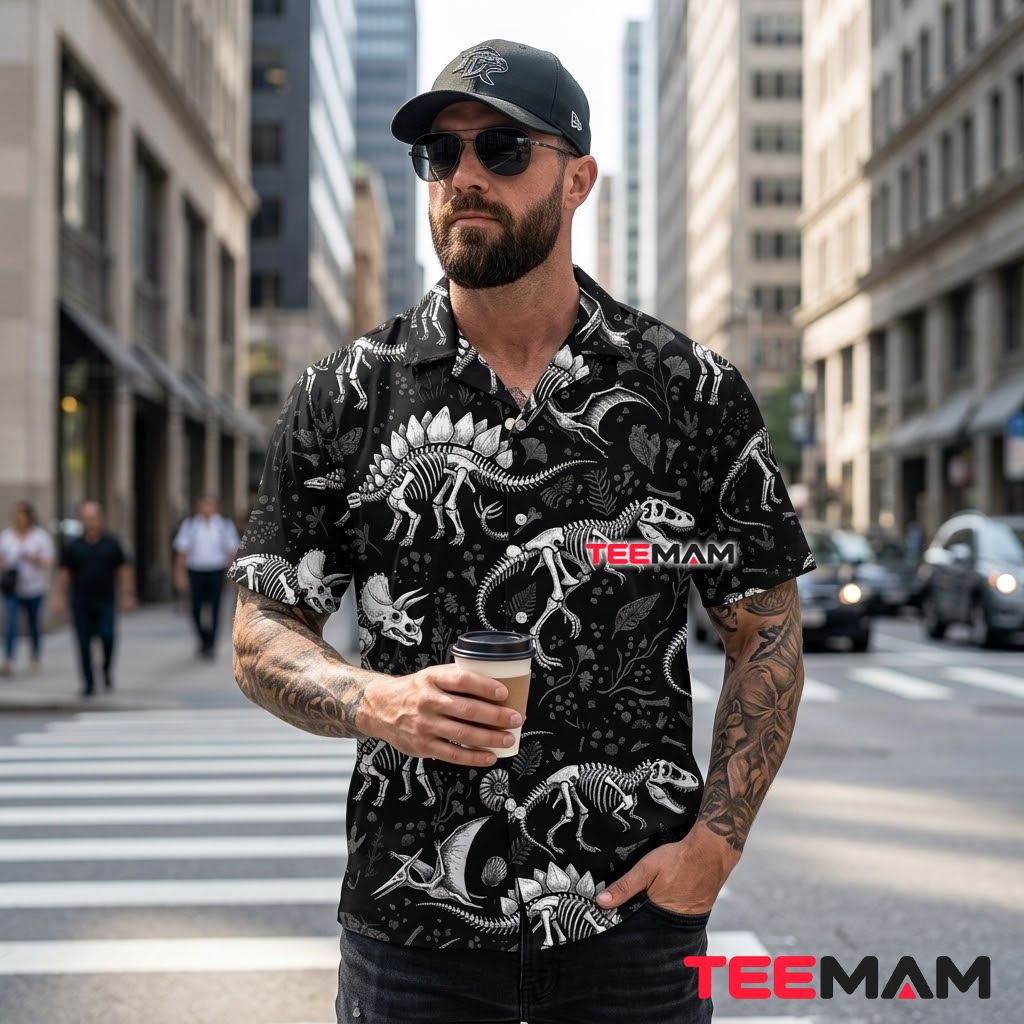 Dinosaur Hawaiian Shirt Fossil Skeleton Black Back Dinosaur Hawaiian Shirt Fossil Skeleton Black Back