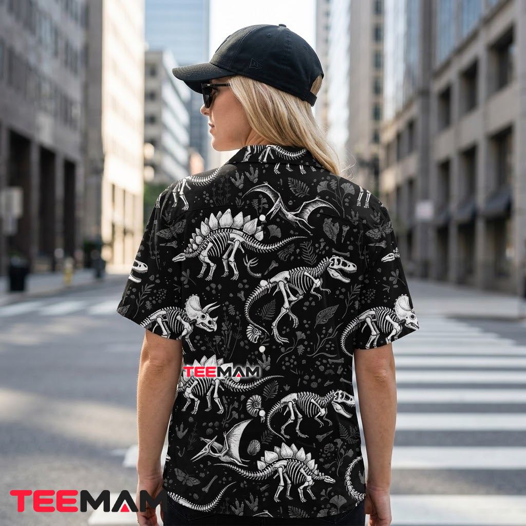 Dinosaur Hawaiian Shirt Fossil Skeleton Black Version 3 Dinosaur Hawaiian Shirt Fossil Skeleton Black Version 3