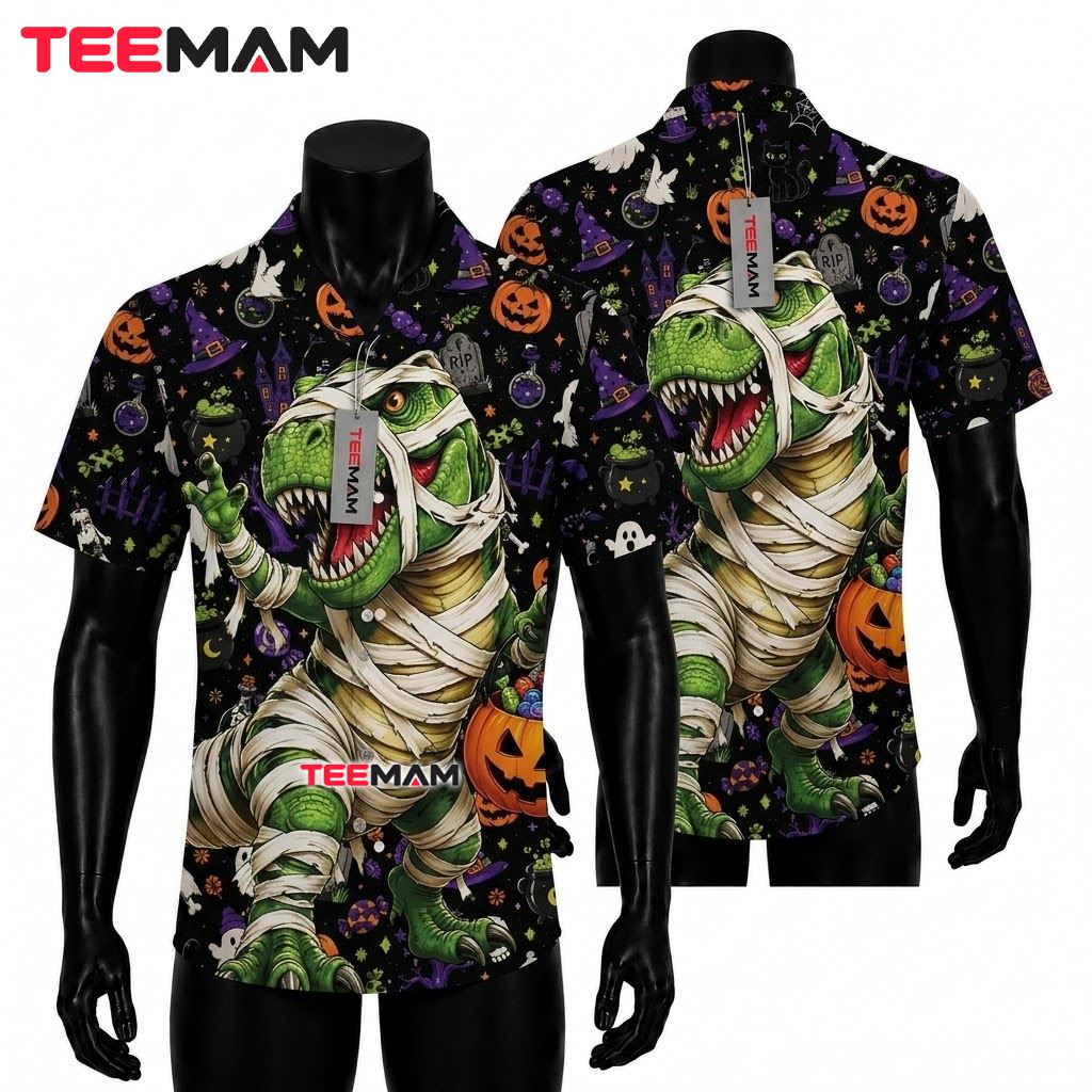 Dinosaur Hawaiian Shirt Mummy Halloween Pumpkin Front