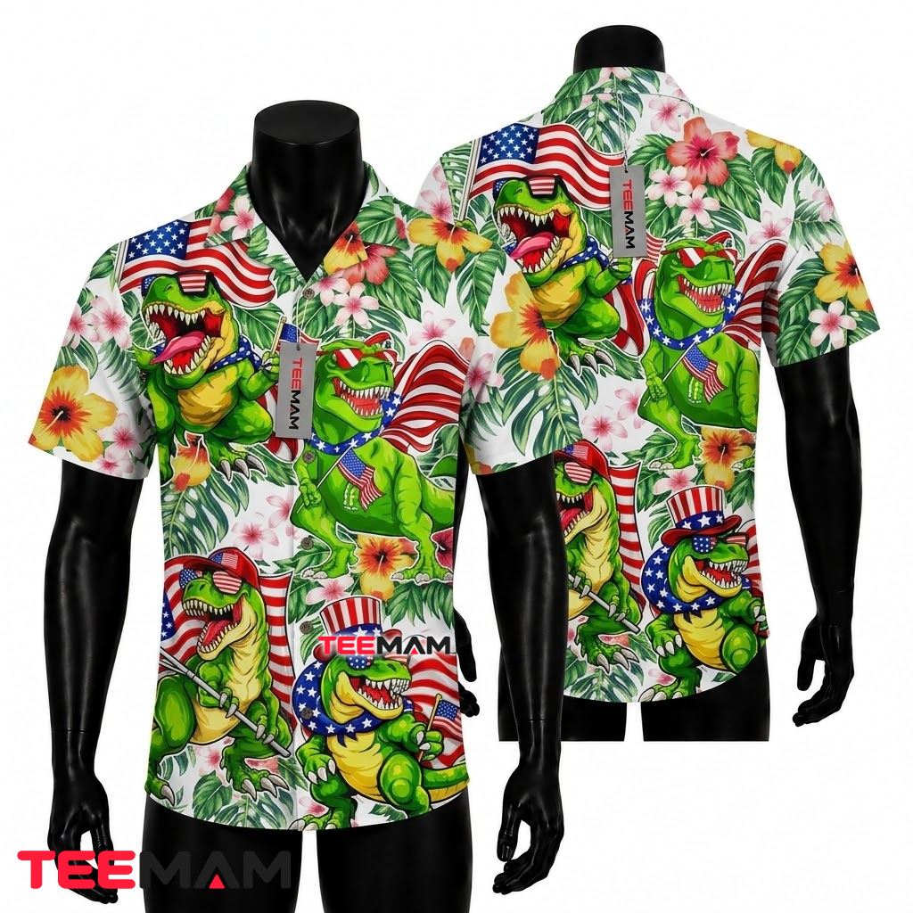 Dinosaur Hawaiian Shirt Patriotic Flag Trex Front