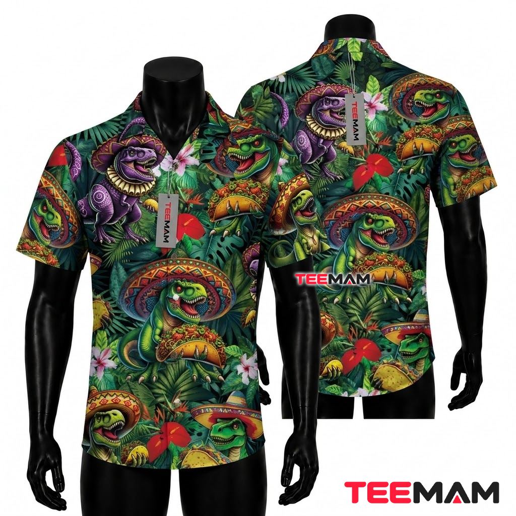 Dinosaur Hawaiian Shirt Sombrero Taco Tropical Front