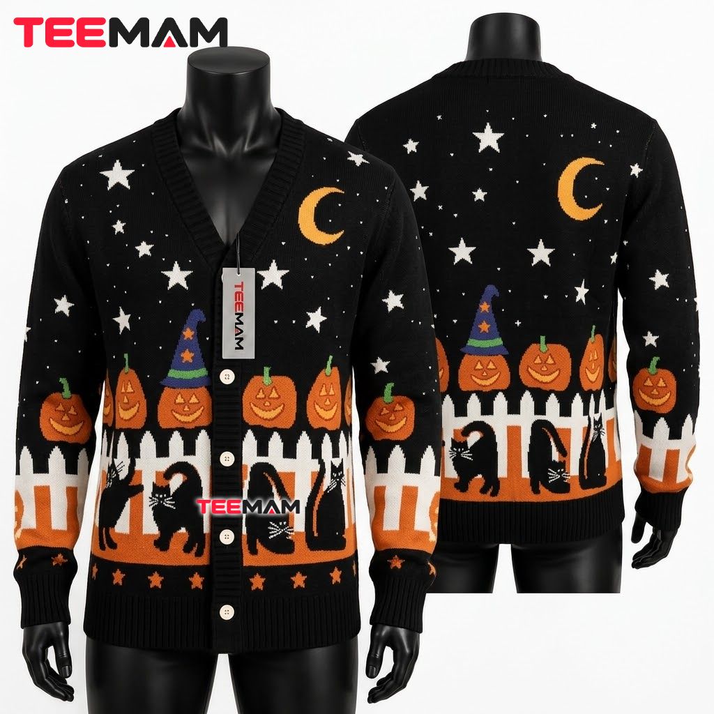 Fence Halloween Cardigan Black Cat Pumpkin 1