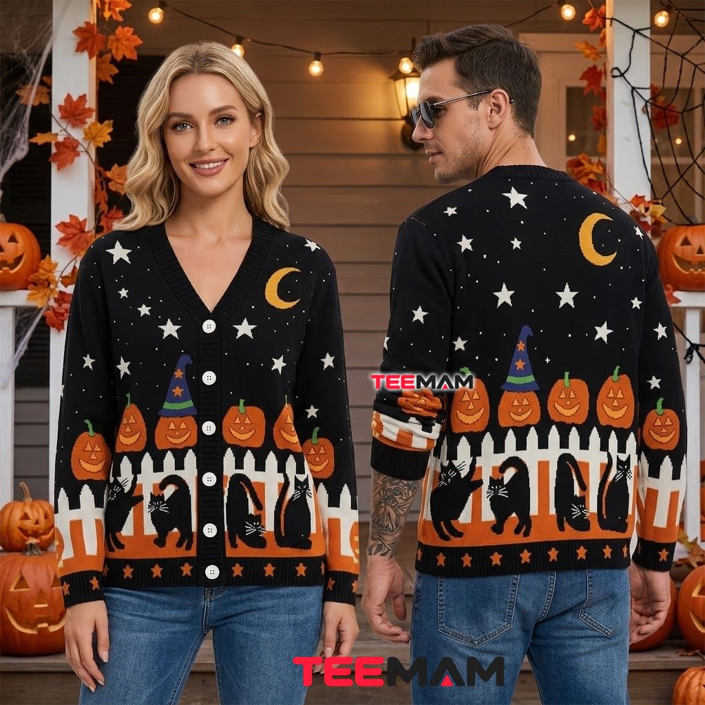 Fence Halloween Cardigan Black Cat Pumpkin 2 Fence Halloween Cardigan Black Cat Pumpkin 2