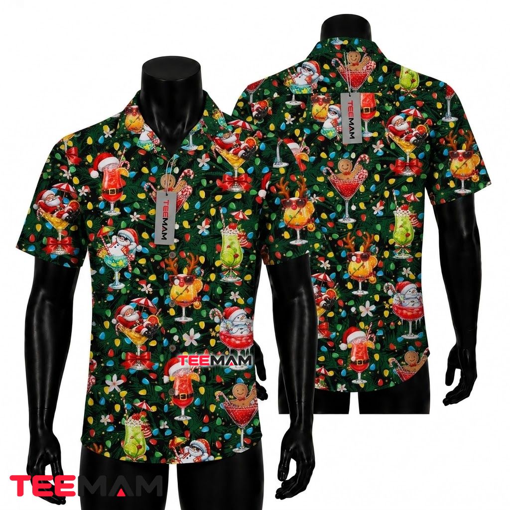 Festive Christmas Hawaiian Shirt Cocktail Drink Snowman Santa Green Front