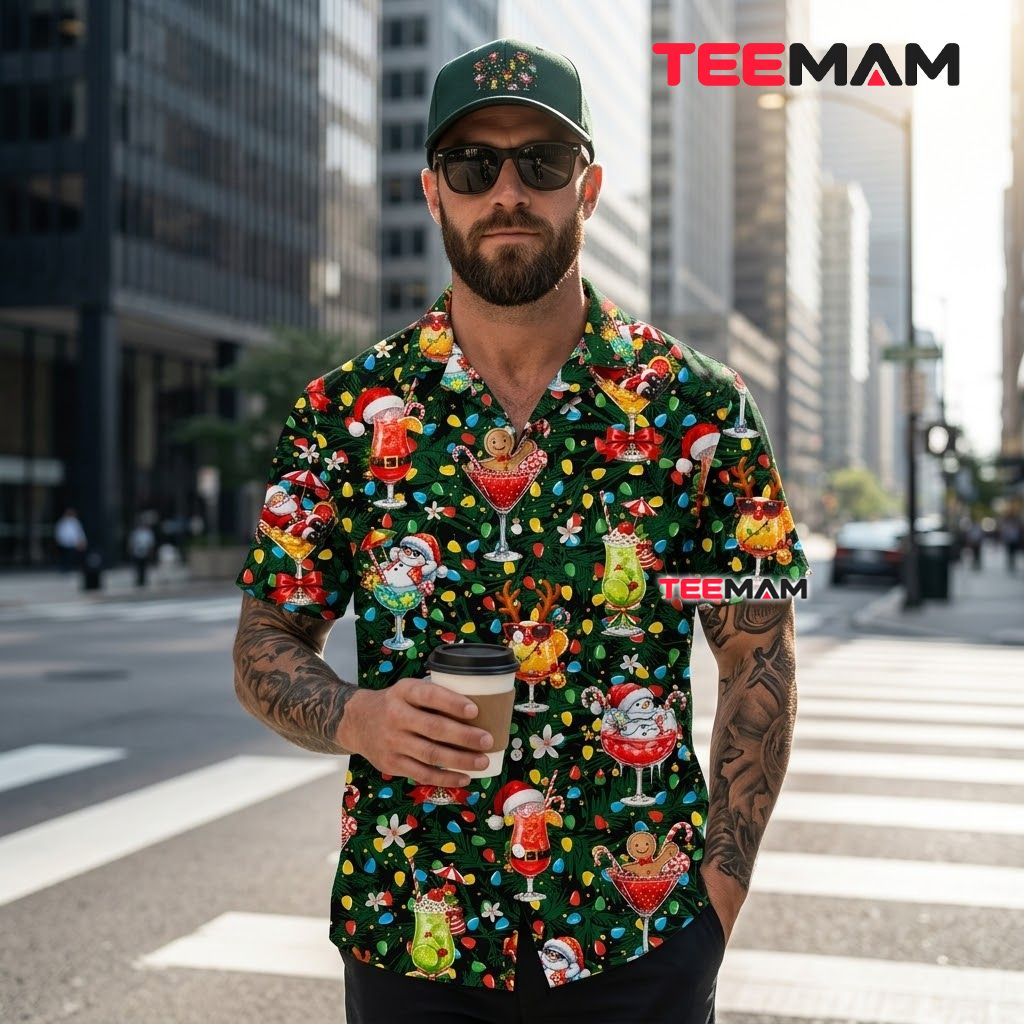 Festive Christmas Hawaiian Shirt Cocktail Drink Snowman Santa Green Back Festive Christmas Hawaiian Shirt Cocktail Drink Snowman Santa Green Back