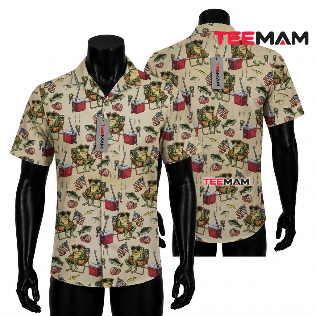 Fishing Frog Hawaiian Shirt Fishing Lover US Flag Vintage Beige Front