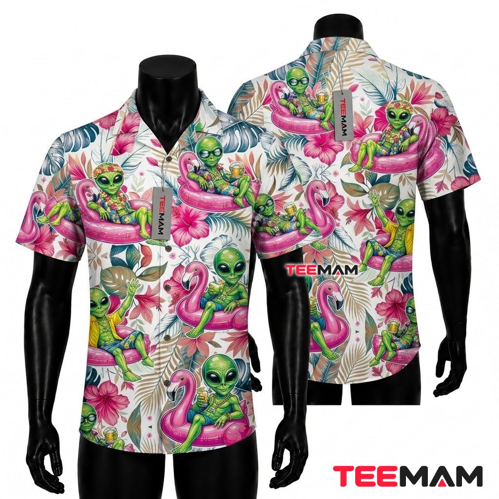 Flamingo Hawaiian Shirt Alien Beer Pool Float Beach Party Front