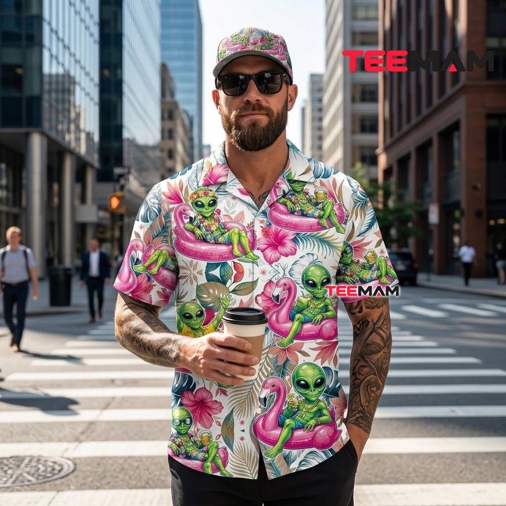 Flamingo Hawaiian Shirt Alien Beer Pool Float Beach Party Back Flamingo Hawaiian Shirt Alien Beer Pool Float Beach Party Back