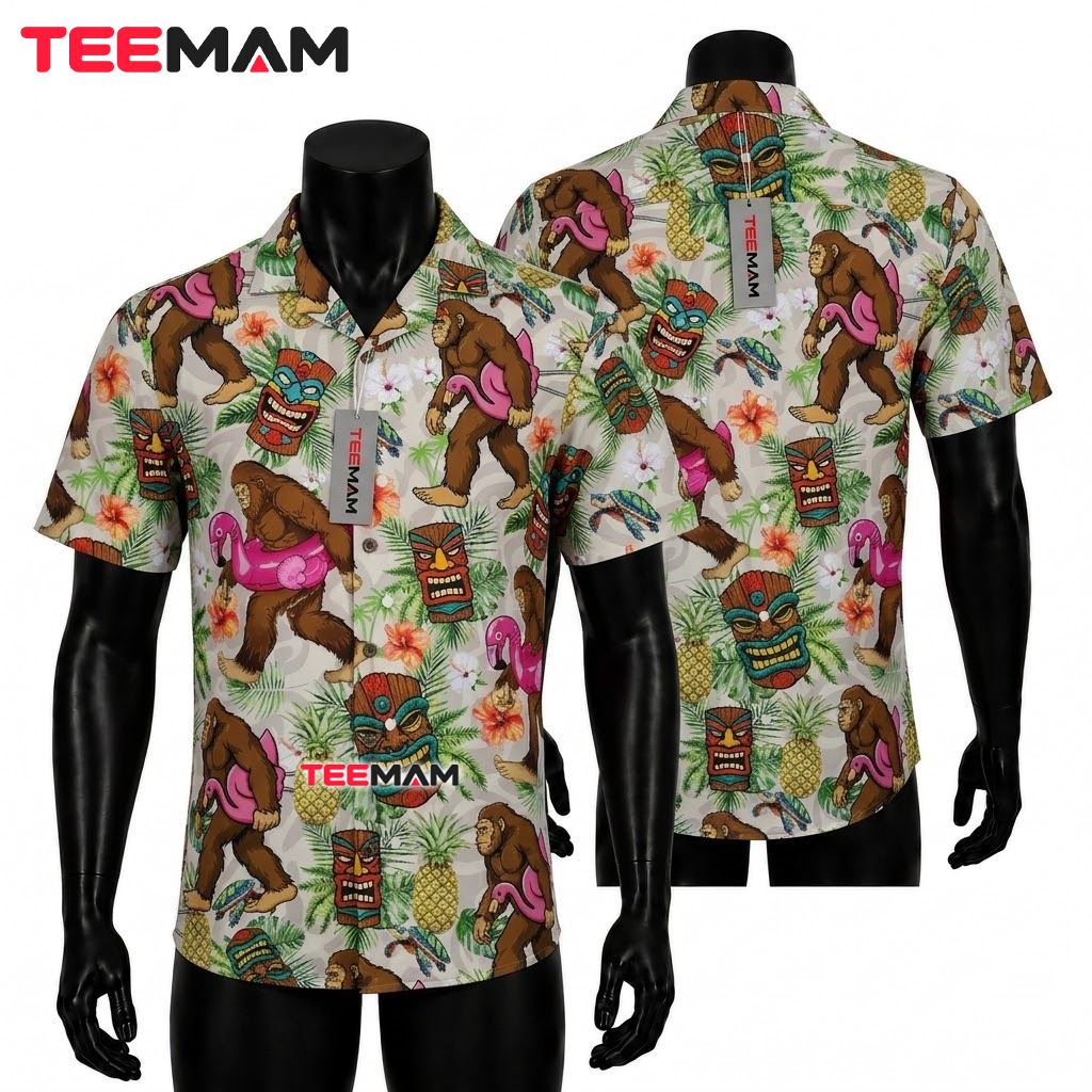 Flamingo Hawaiian Shirt Bigfoot Tiki Pineapple Tropical Front