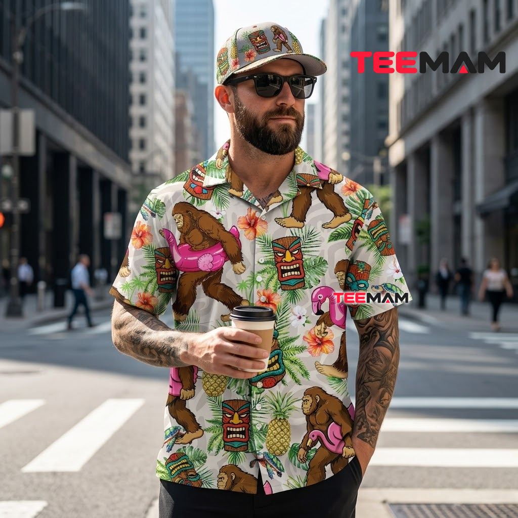 Flamingo Hawaiian Shirt Bigfoot Tiki Pineapple Tropical Back Flamingo Hawaiian Shirt Bigfoot Tiki Pineapple Tropical Back