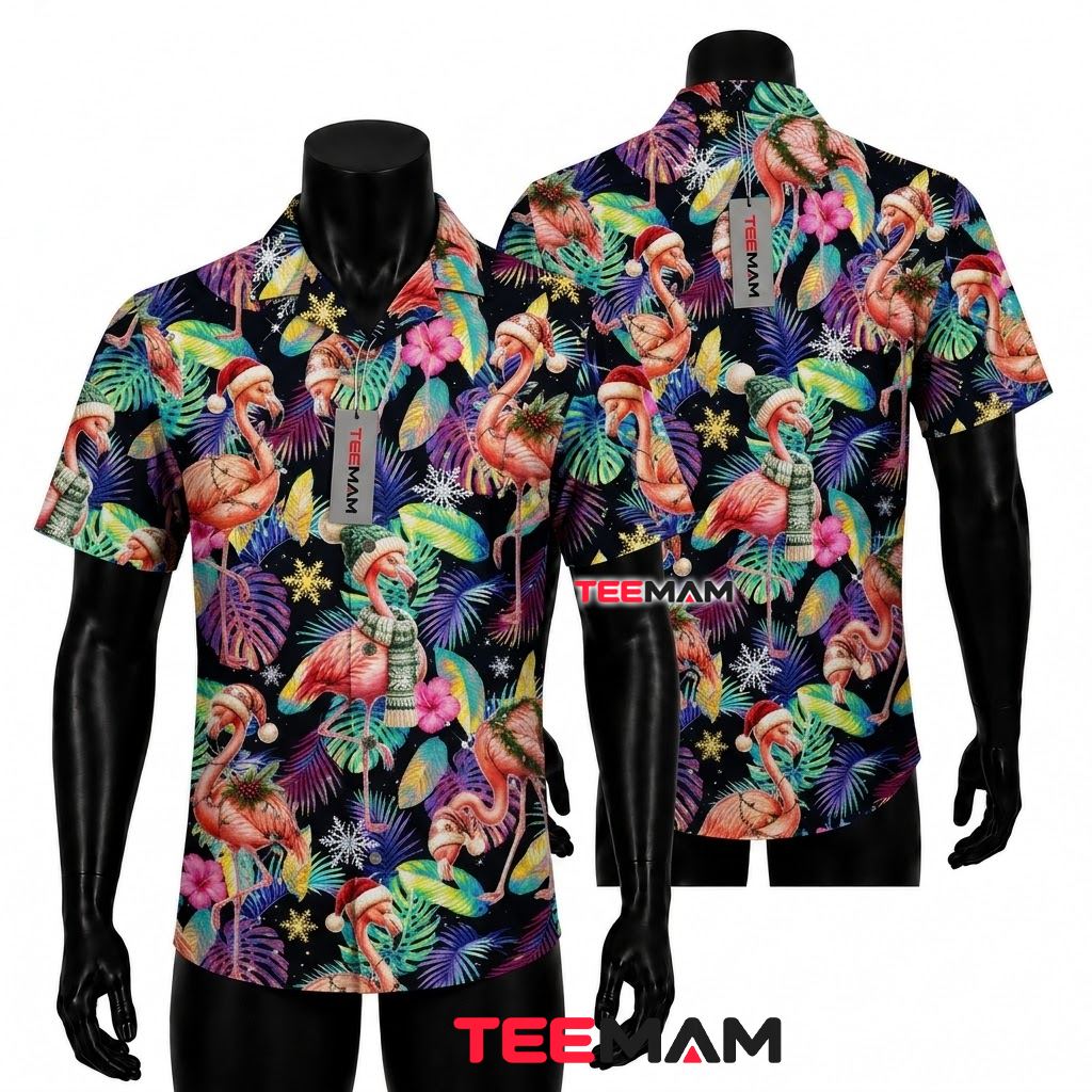Flamingo Hawaiian Shirt Christmas Santa Hat Front