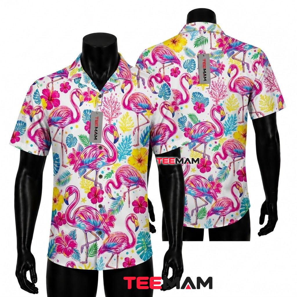 Flamingo Hawaiian Shirt Coral Reef Colorful Beach Print Front