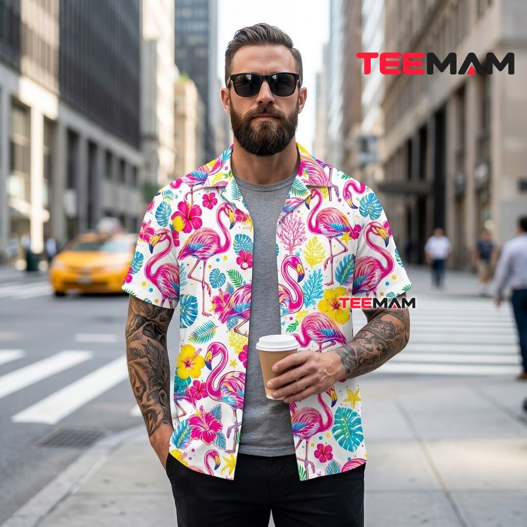 Flamingo Hawaiian Shirt Coral Reef Colorful Beach Print Back Flamingo Hawaiian Shirt Coral Reef Colorful Beach Print Back