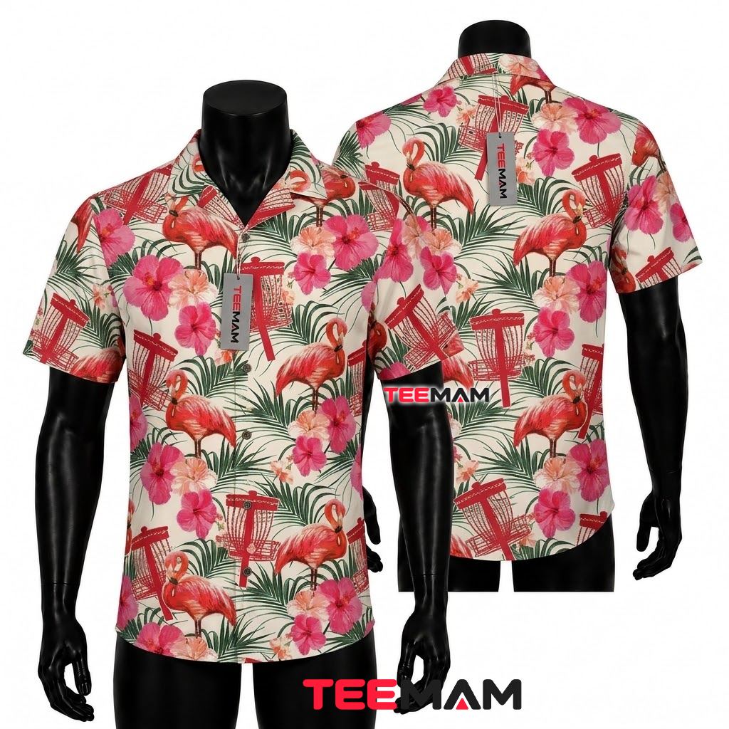 Flamingo Hawaiian Shirt Disc Golf Tropical Hibiscus Floral Print Front