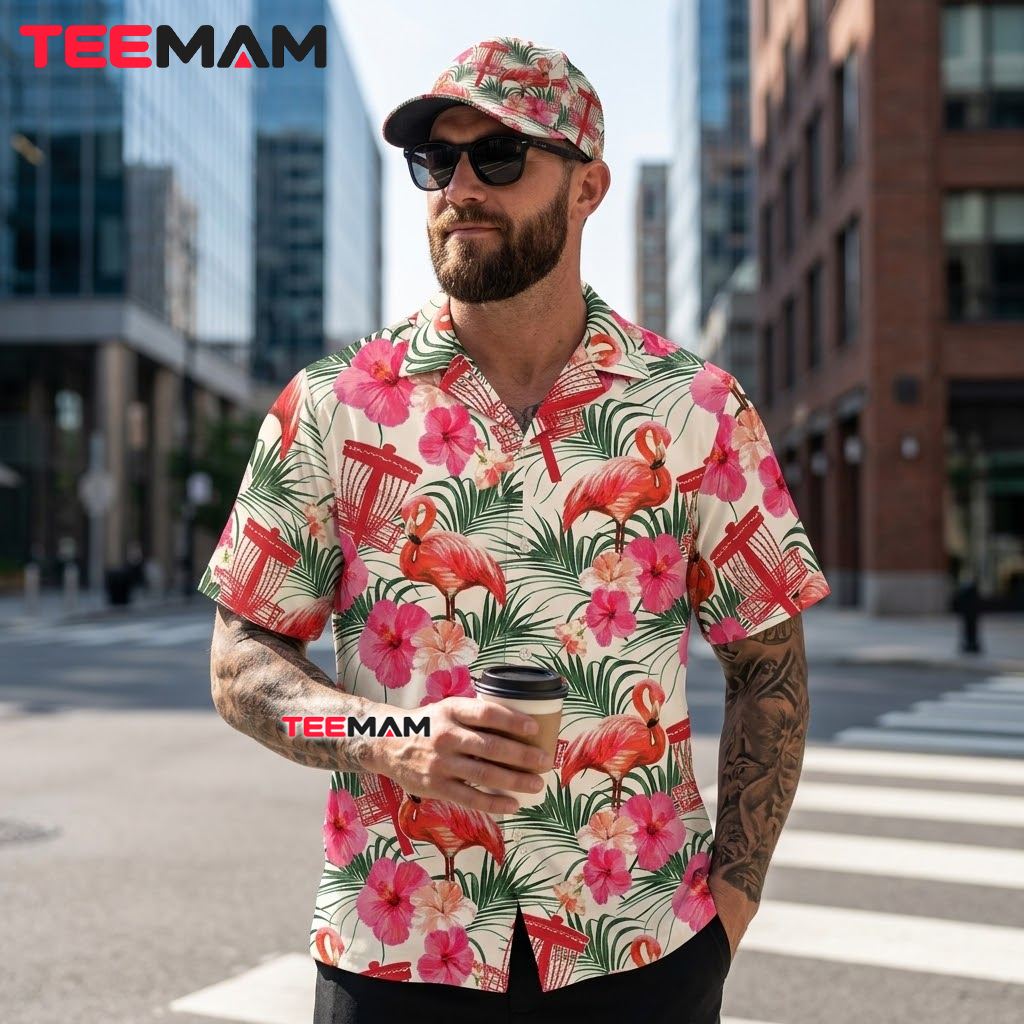 Flamingo Hawaiian Shirt Disc Golf Tropical Hibiscus Floral Print Back Flamingo Hawaiian Shirt Disc Golf Tropical Hibiscus Floral Print Back