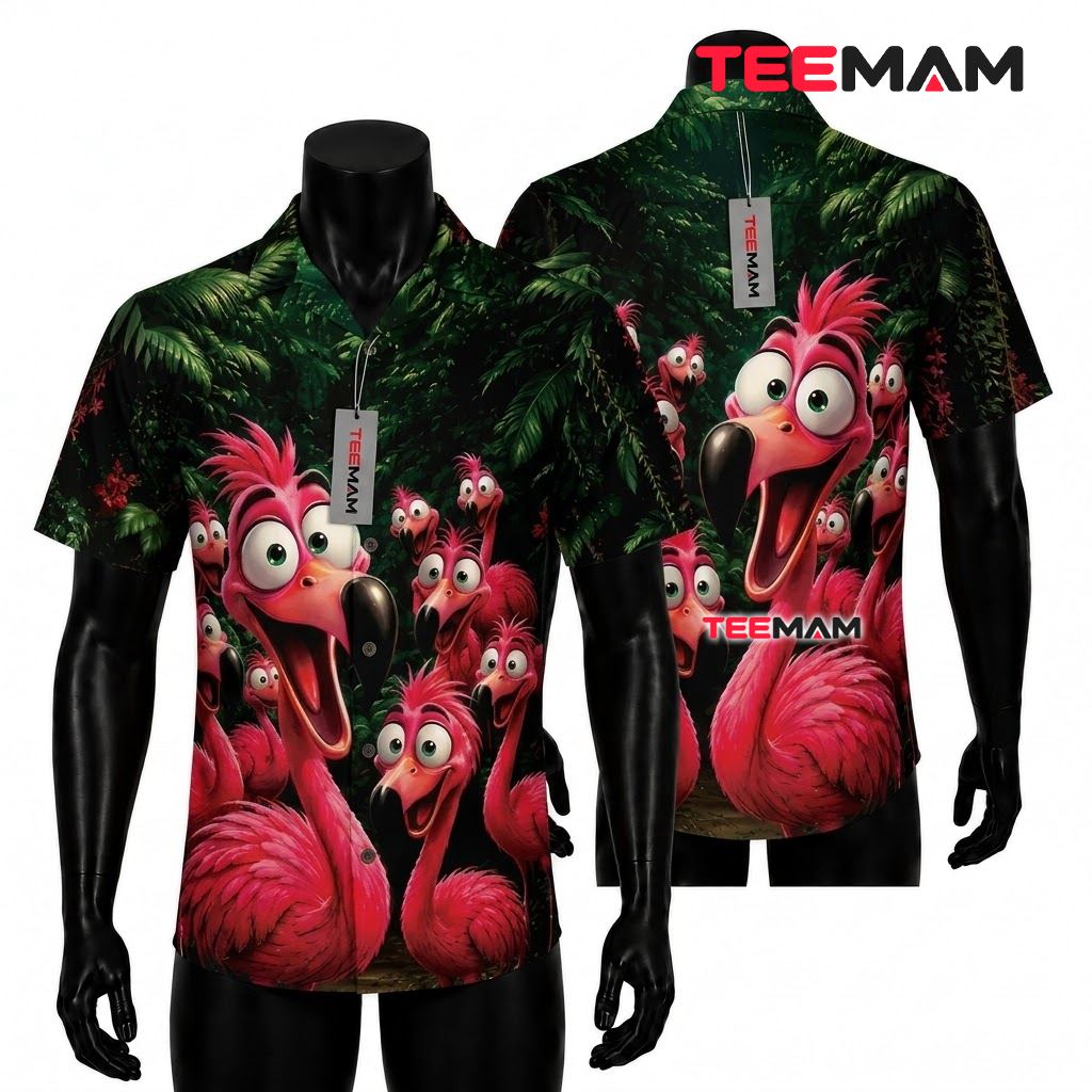 Flamingo Hawaiian Shirt Funny Cartoon Jungle Crowd Front