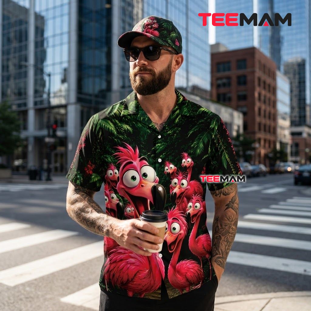 Flamingo Hawaiian Shirt Funny Cartoon Jungle Crowd Back Flamingo Hawaiian Shirt Funny Cartoon Jungle Crowd Back