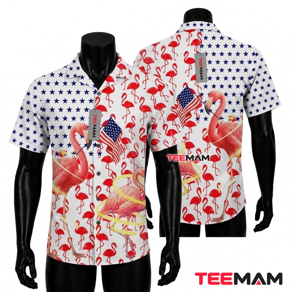 Flamingo Hawaiian Shirt Hula Hoop Star Navy American Front