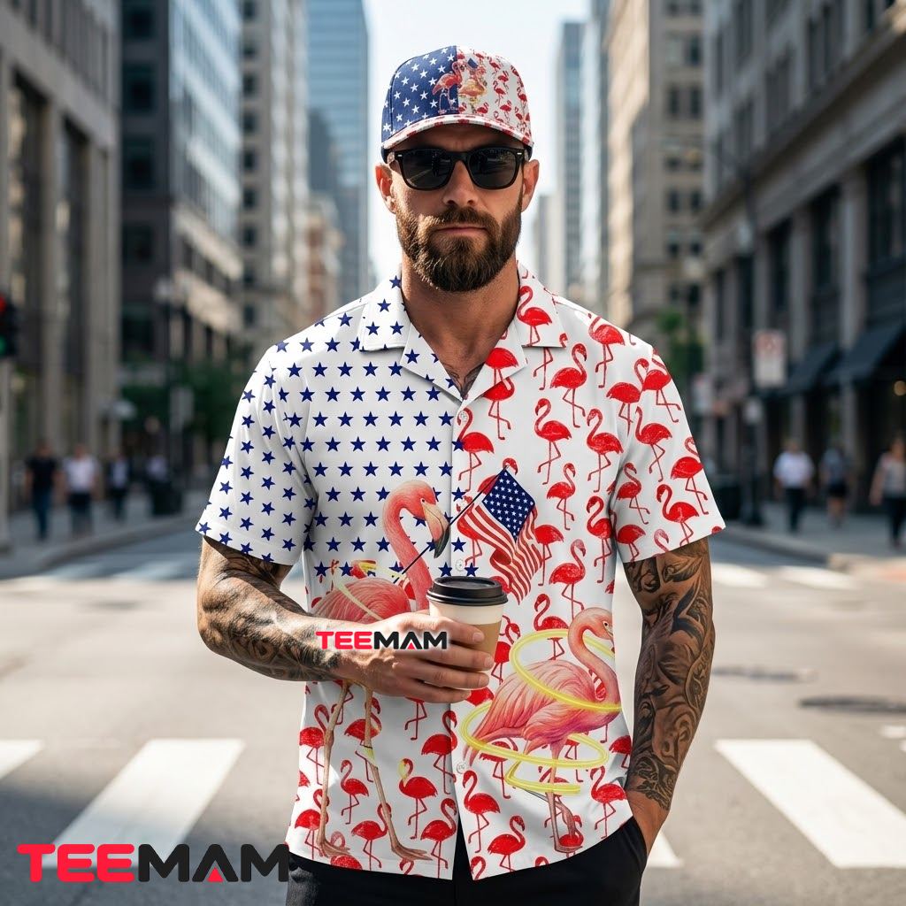 Flamingo Hawaiian Shirt Hula Hoop Star Navy American Back Flamingo Hawaiian Shirt Hula Hoop Star Navy American Back