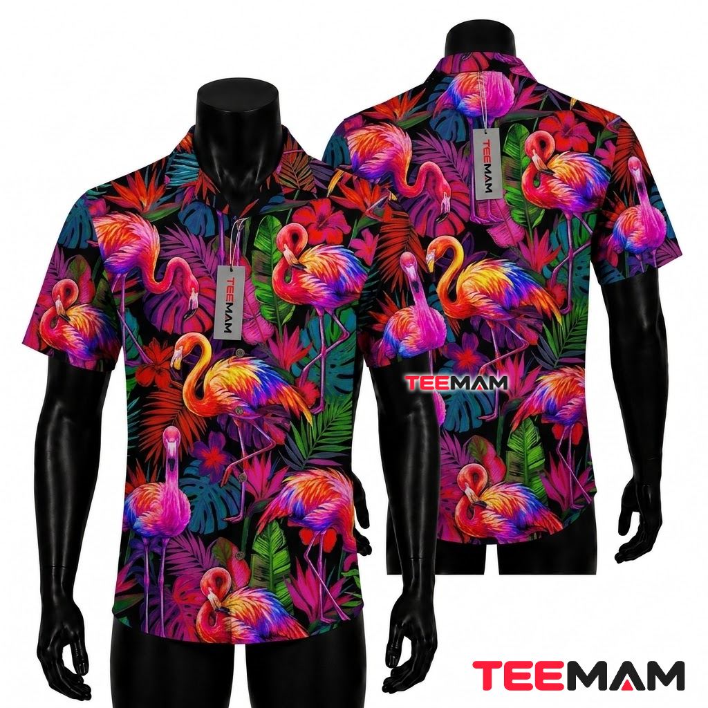 Flamingo Hawaiian Shirt Funny Cartoon Jungle Crowd Flamingo Hawaiian Shirt Funny Cartoon Jungle Crowd