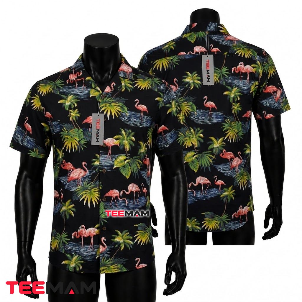 Flamingo Hawaiian Shirt Palm Tree Black Lagoon Front