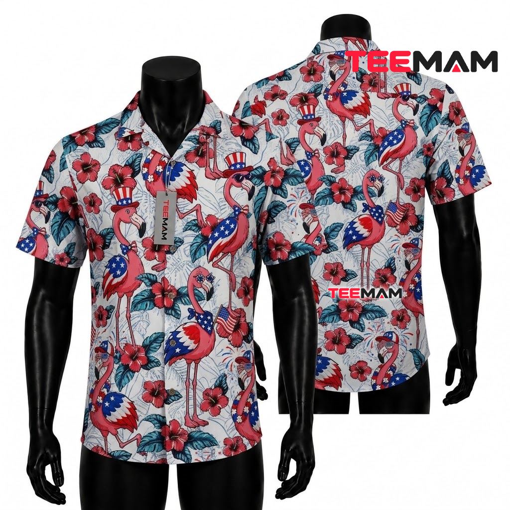 Flamingo Hawaiian Shirt Patriotic USA Flag Independence Day Front